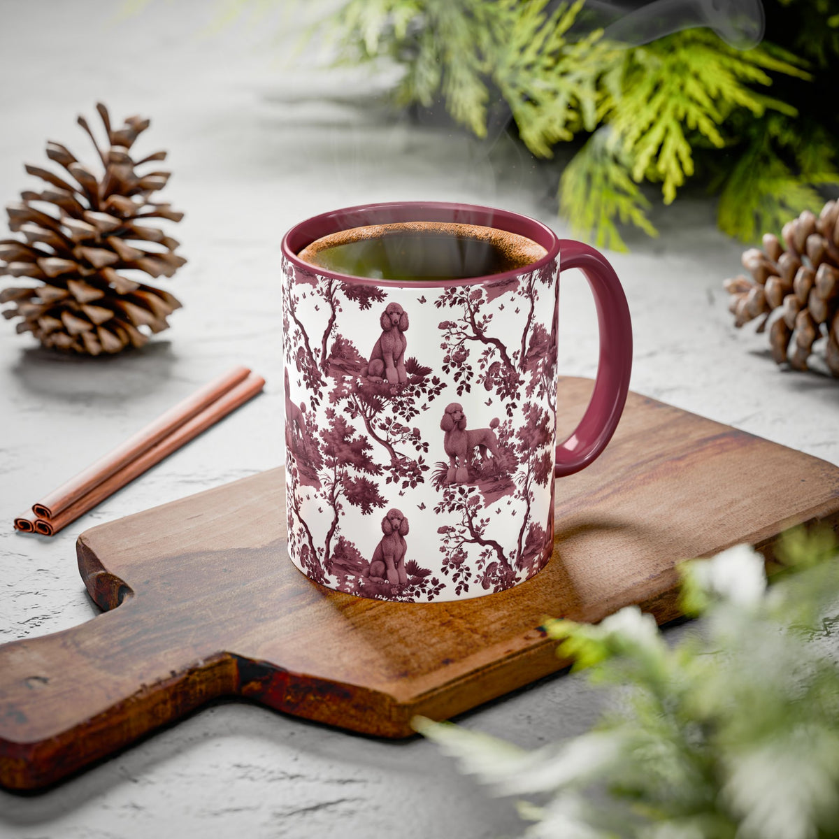 Standard Poodle petite cranberry toile ceramic mug styled on a table, lifestyle photo