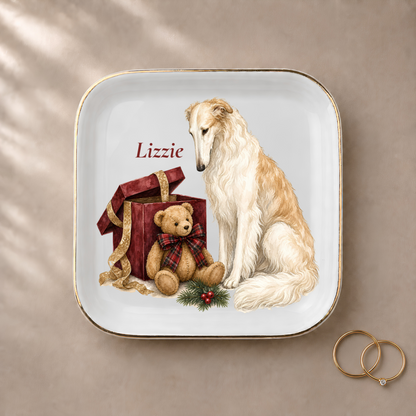Borzoi jewelry dish styled with gold rings and a personalized name
