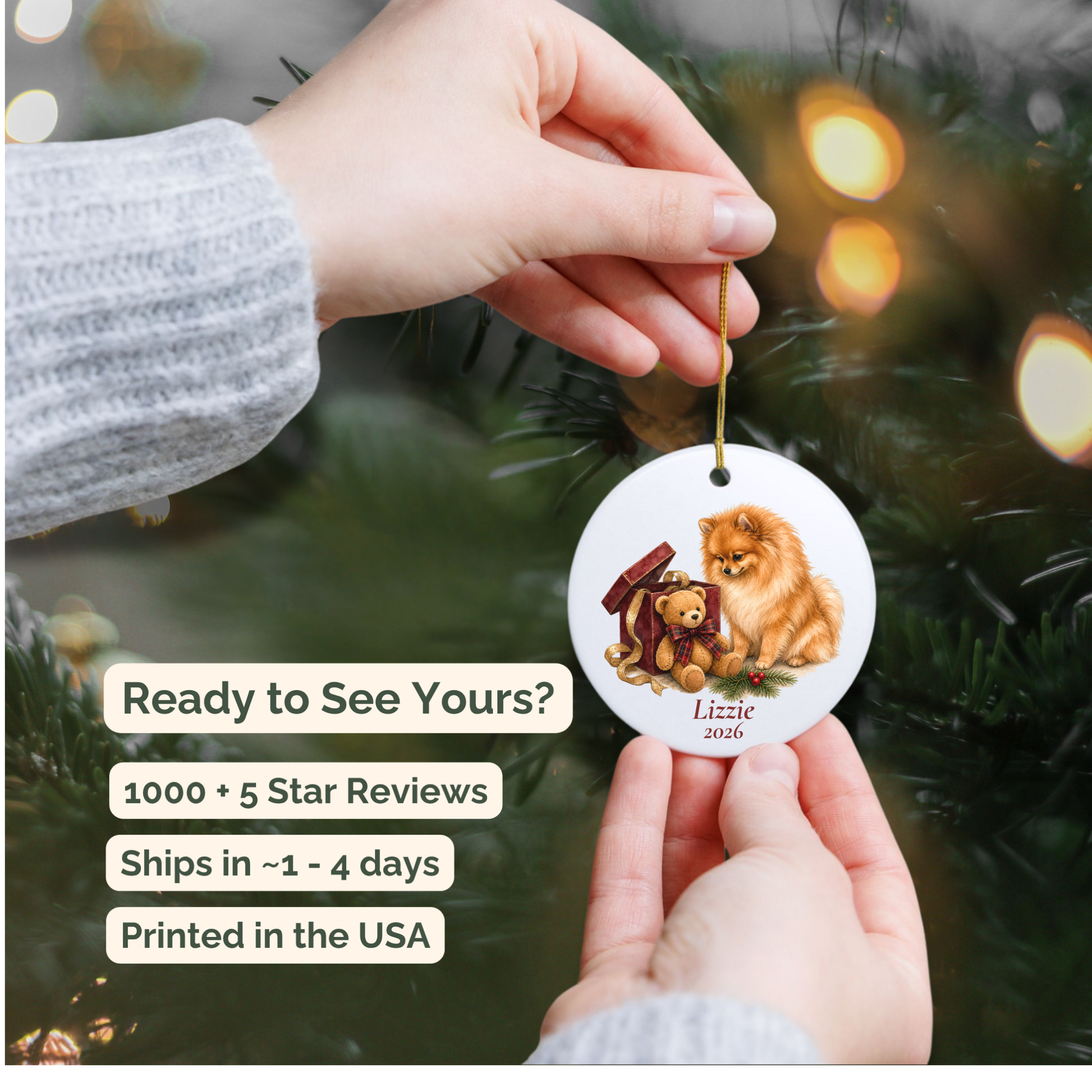 Hand holding a personalized Pomeranian ceramic ornament beside a Christmas tree