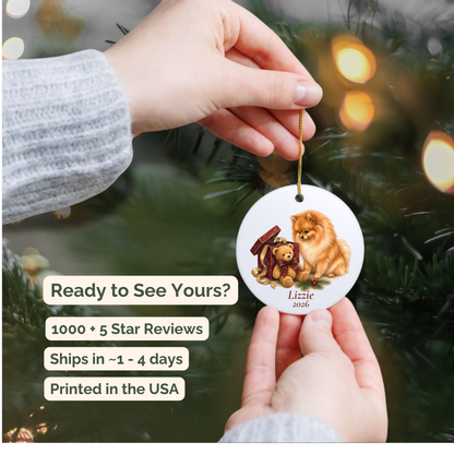Hand holding a personalized Pomeranian ceramic ornament beside a Christmas tree