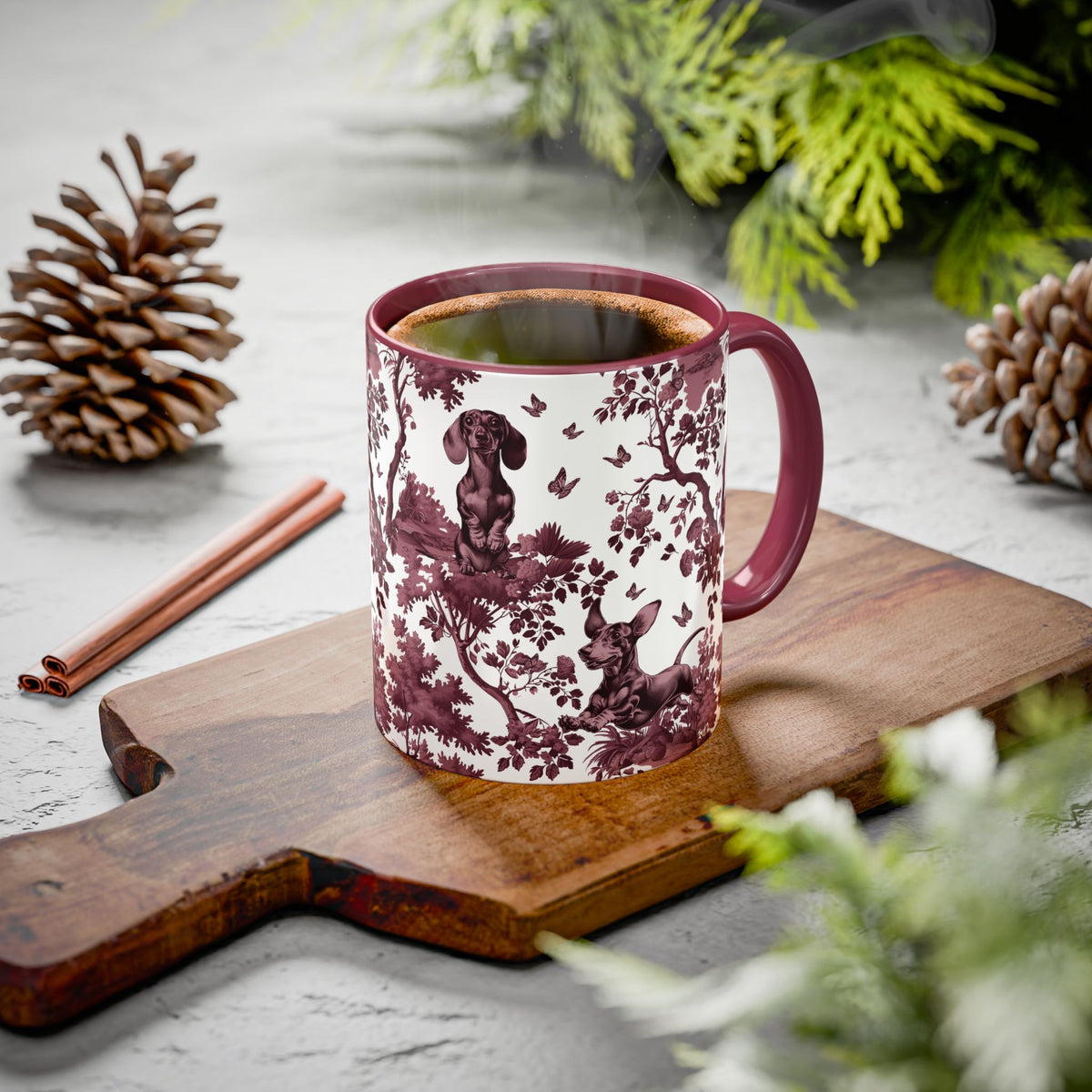 Dachshund cranberry toile ceramic mug styled on a table, lifestyle photo