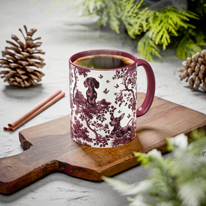 Dachshund cranberry toile ceramic mug styled on a table, lifestyle photo