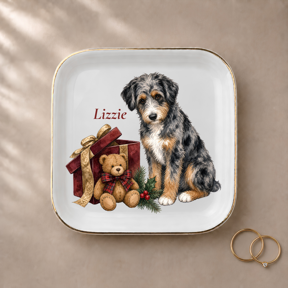 Aussiedoodle (Blue Merle) Bear Necessities jewelry dish styled with gold rings and a personalized name