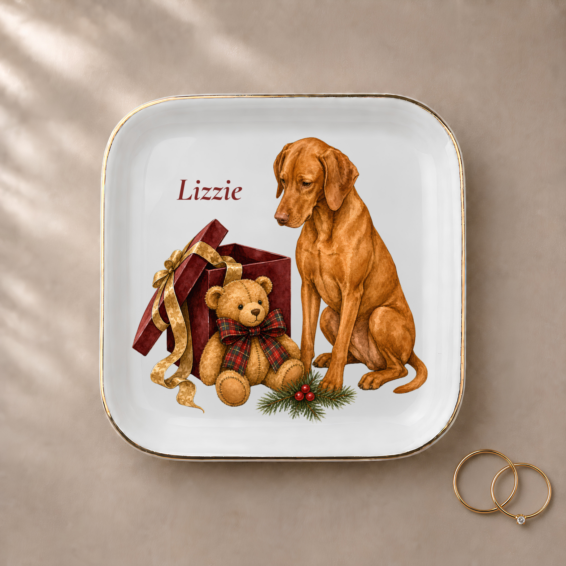 Vizsla jewelry dish styled with gold rings and a personalized name