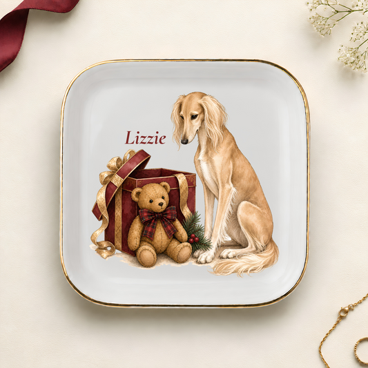 Personalized Saluki Christmas jewelry dish with gold rim