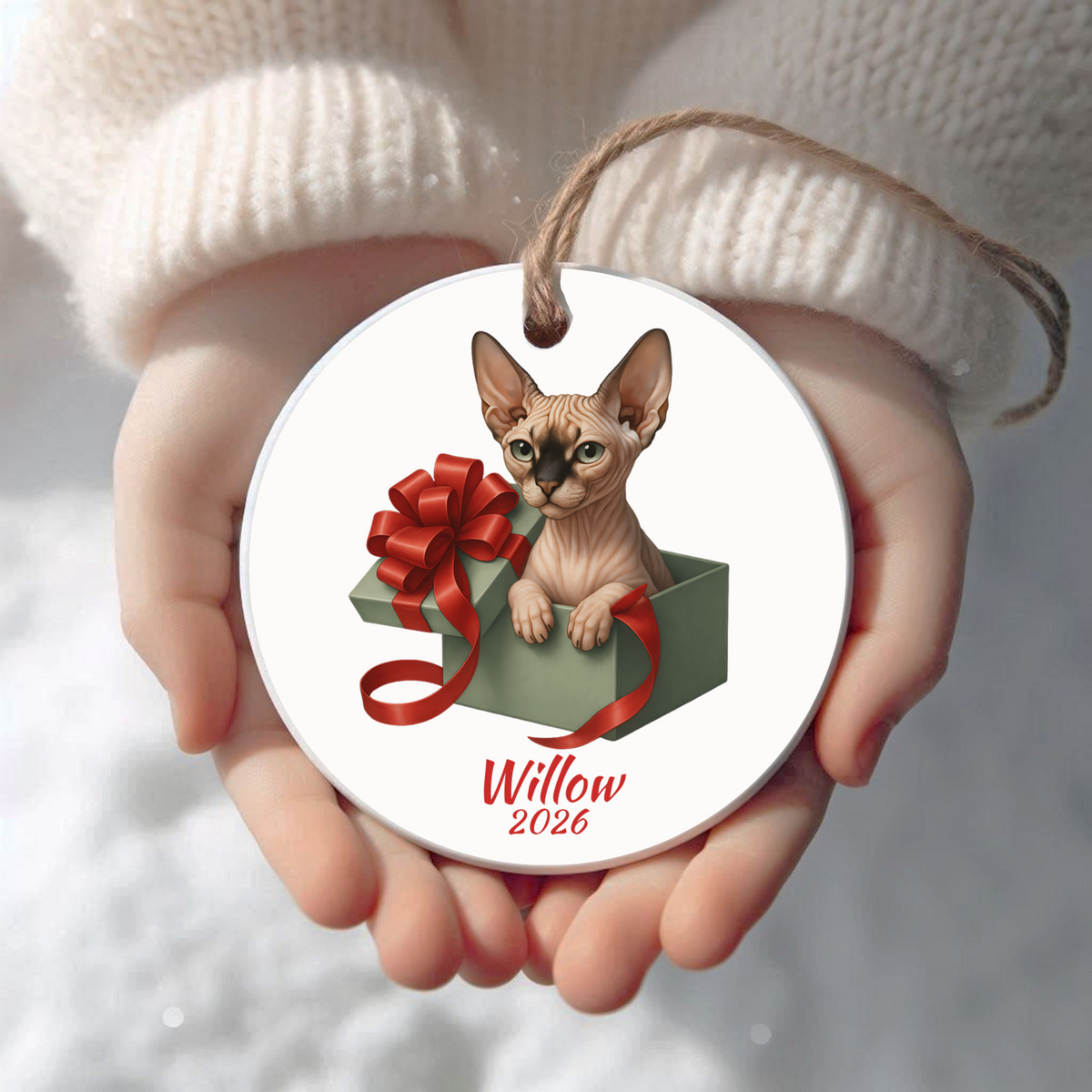 Personalized Sphynx Cat Christmas ornament held in cupped hands