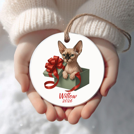 Personalized Sphynx Cat Christmas ornament held in cupped hands