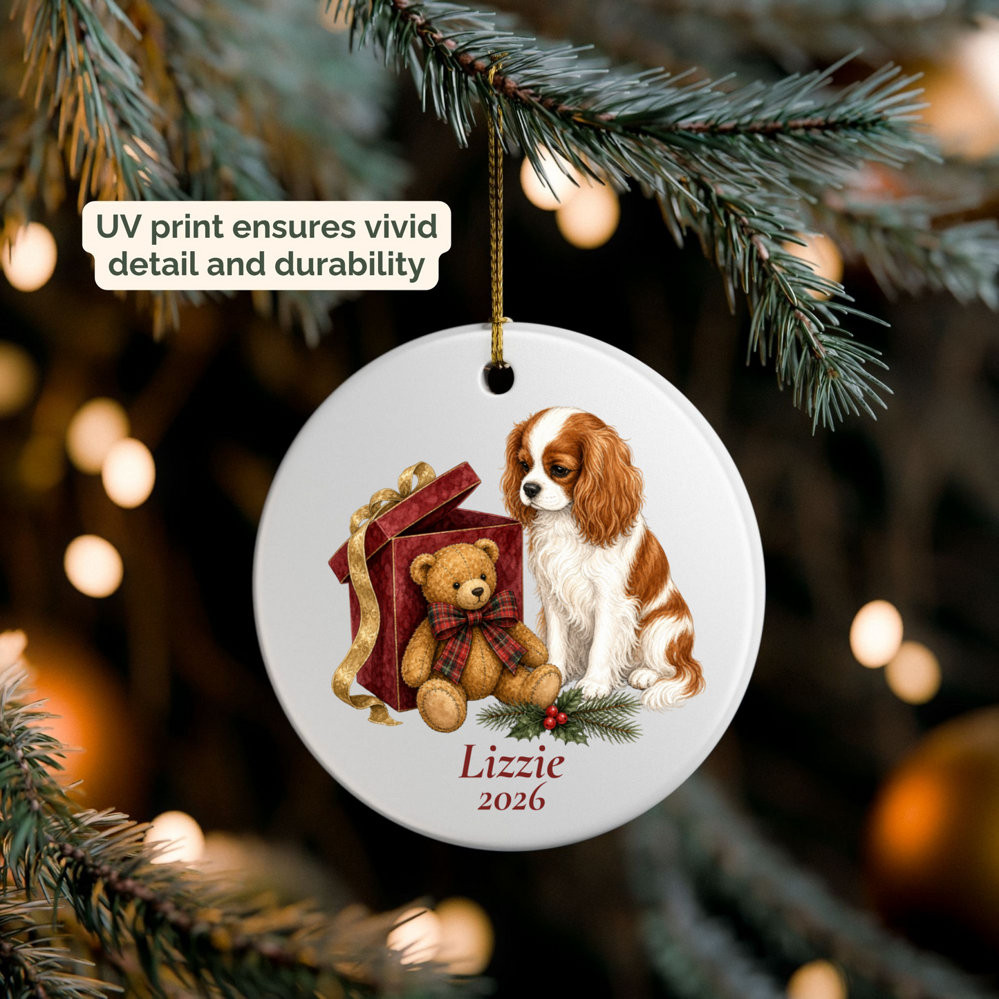Personalized Cavalier King Charles Spaniel (Blenheim) ornament hanging on a lit Christmas tree