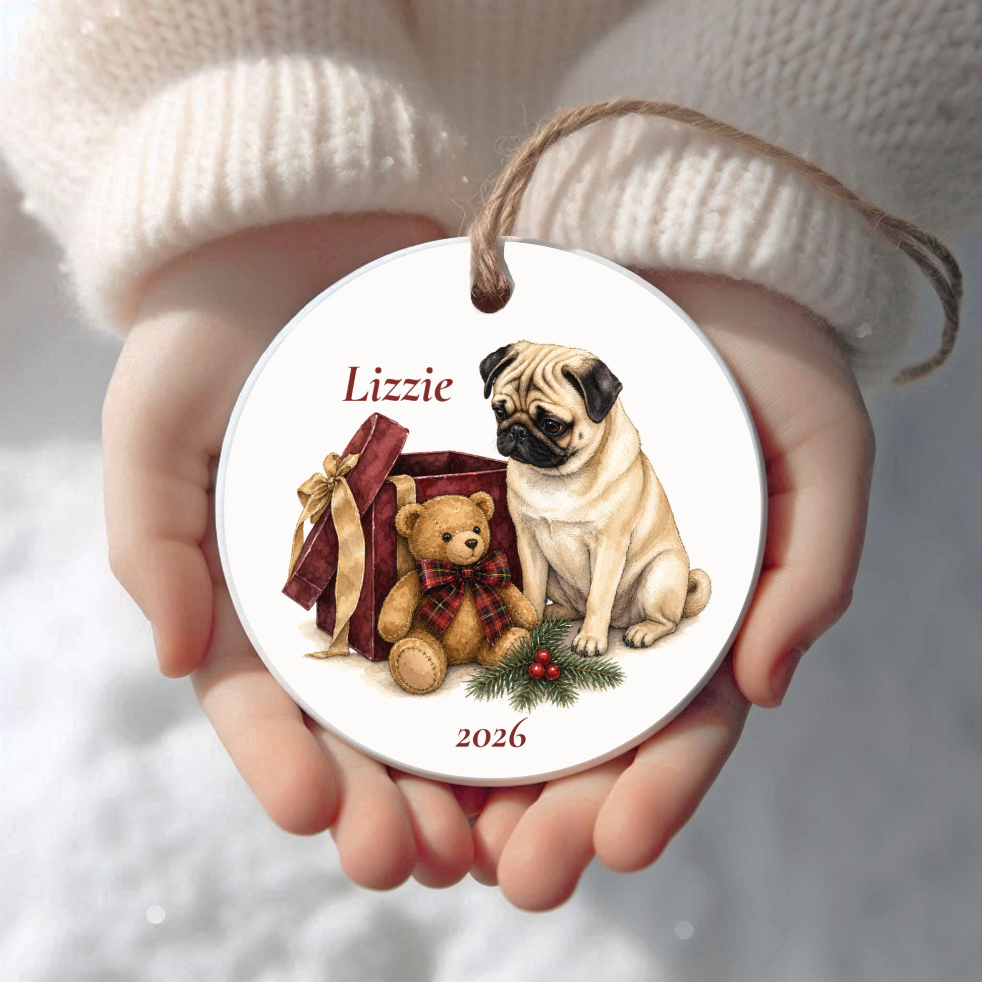 Personalized Pug (Fawn) Christmas ornament held in cupped hands