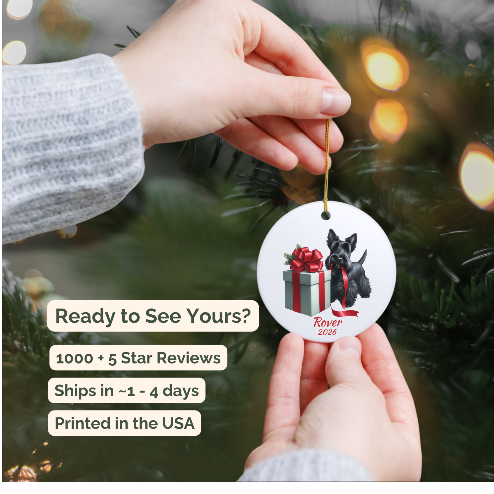 Hand holding a personalized Scottish Terrier ceramic ornament beside a Christmas tree