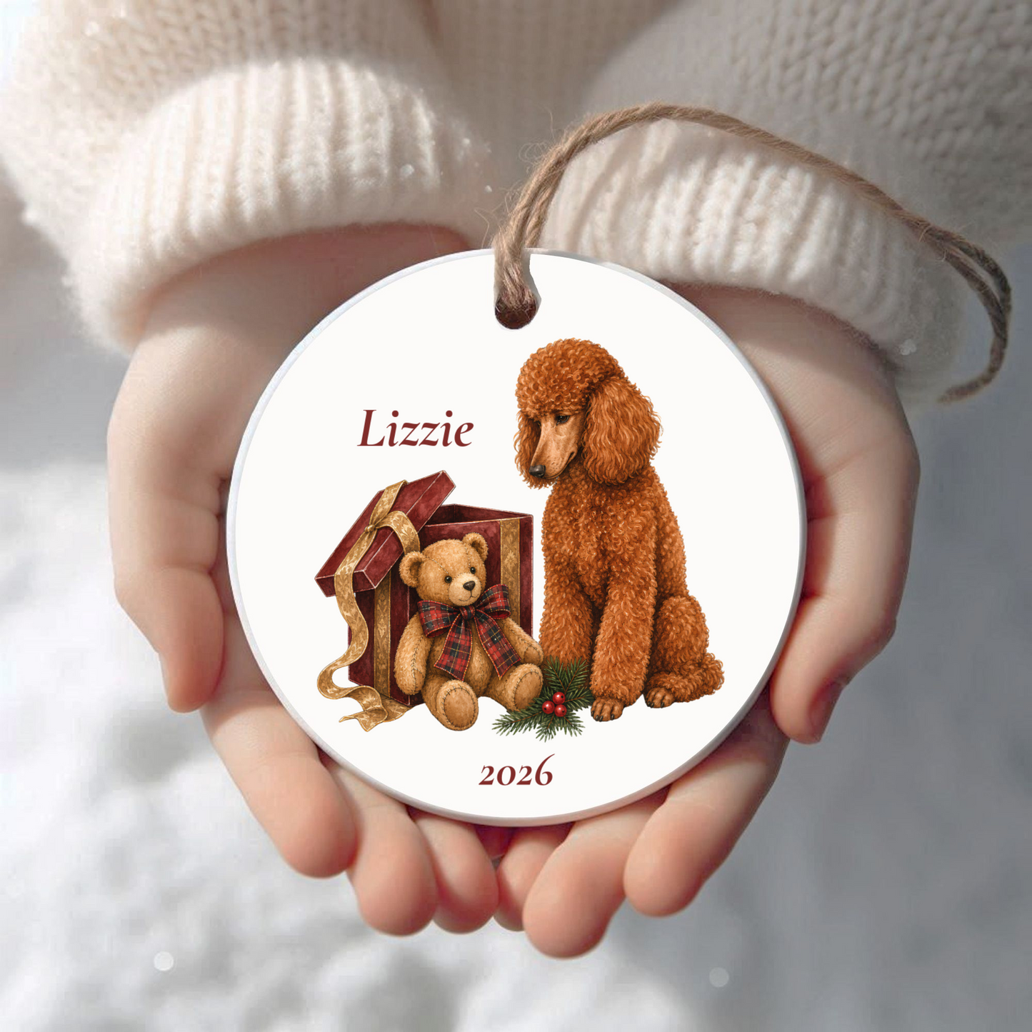 Personalized Standard Poodle Christmas ornament held in cupped hands