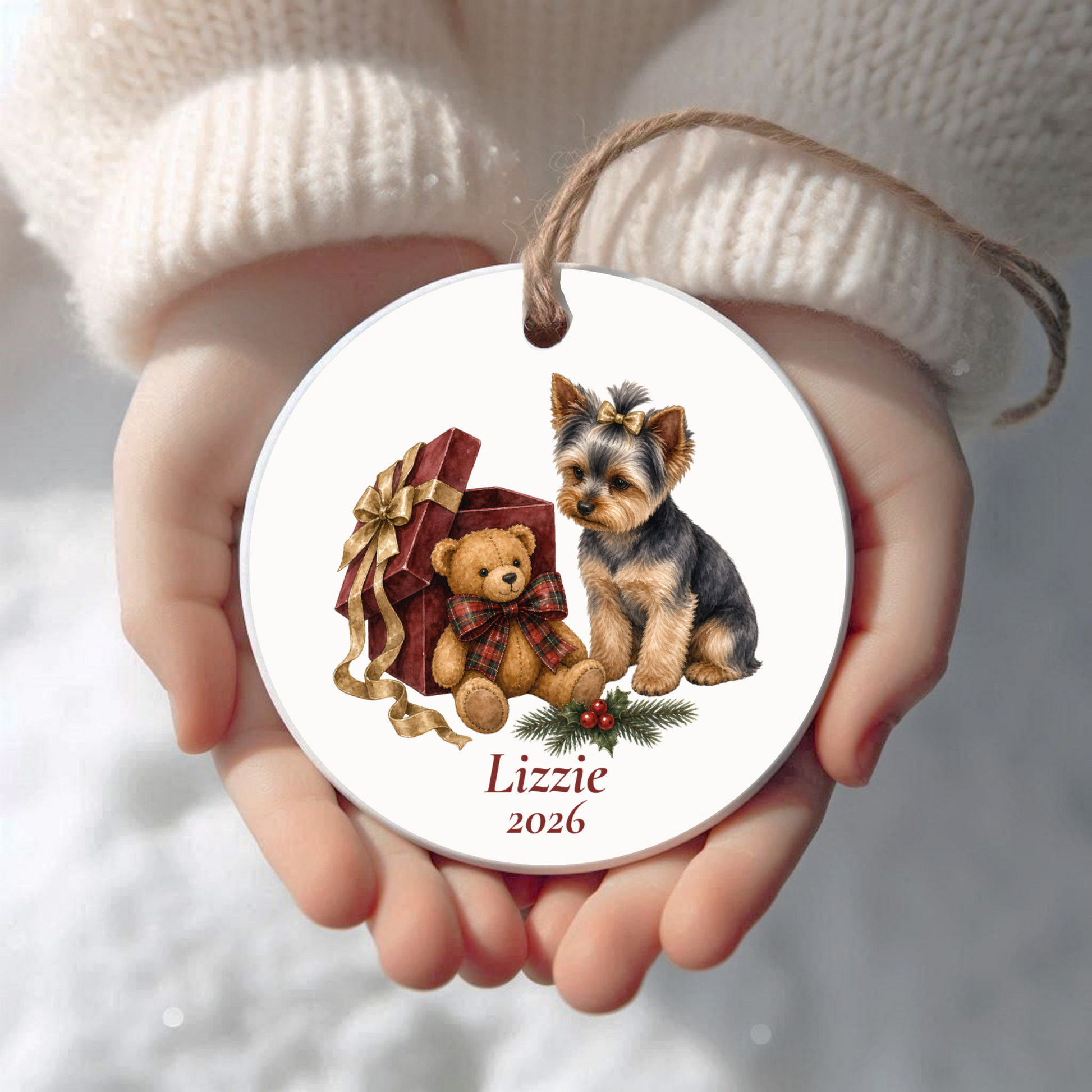 Personalized Yorkshire Terrier (Bow) Christmas ornament held in cupped hands