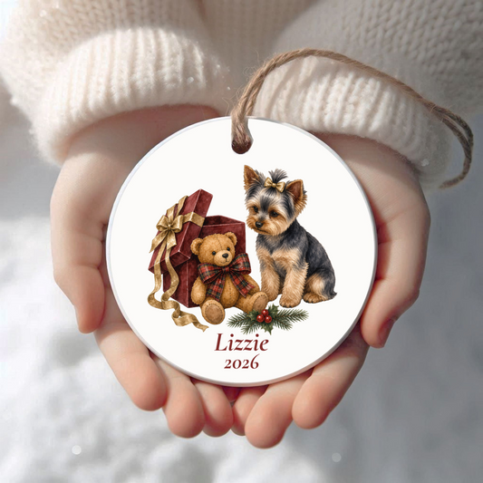 Personalized Yorkshire Terrier (Bow) Christmas ornament held in cupped hands