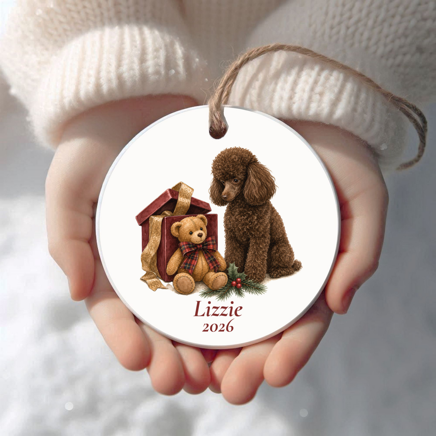 Personalized Miniature Poodle (Brown) Christmas ornament held in cupped hands