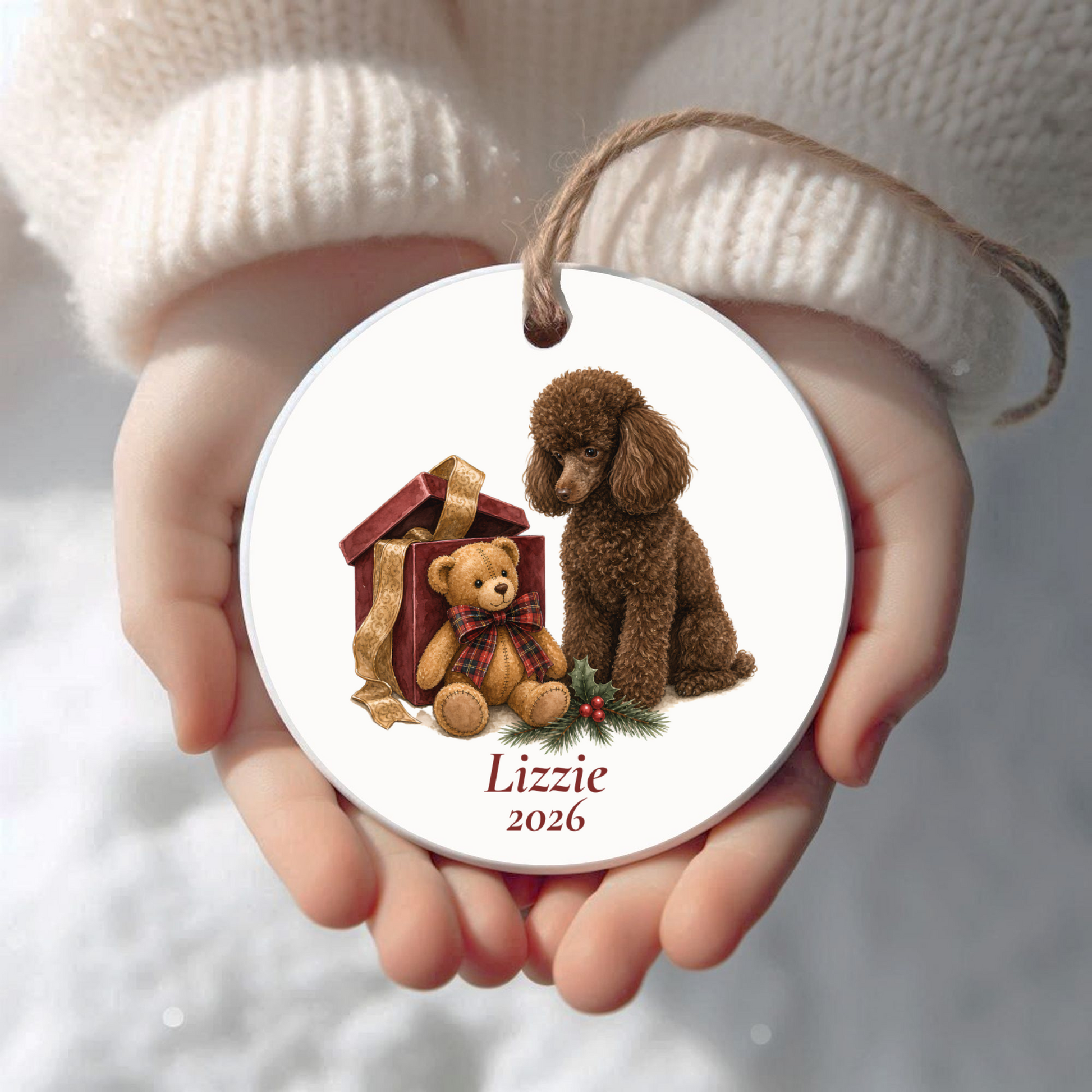 Personalized Miniature Poodle (Brown) Christmas ornament held in cupped hands