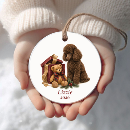 Personalized Miniature Poodle (Brown) Christmas ornament held in cupped hands