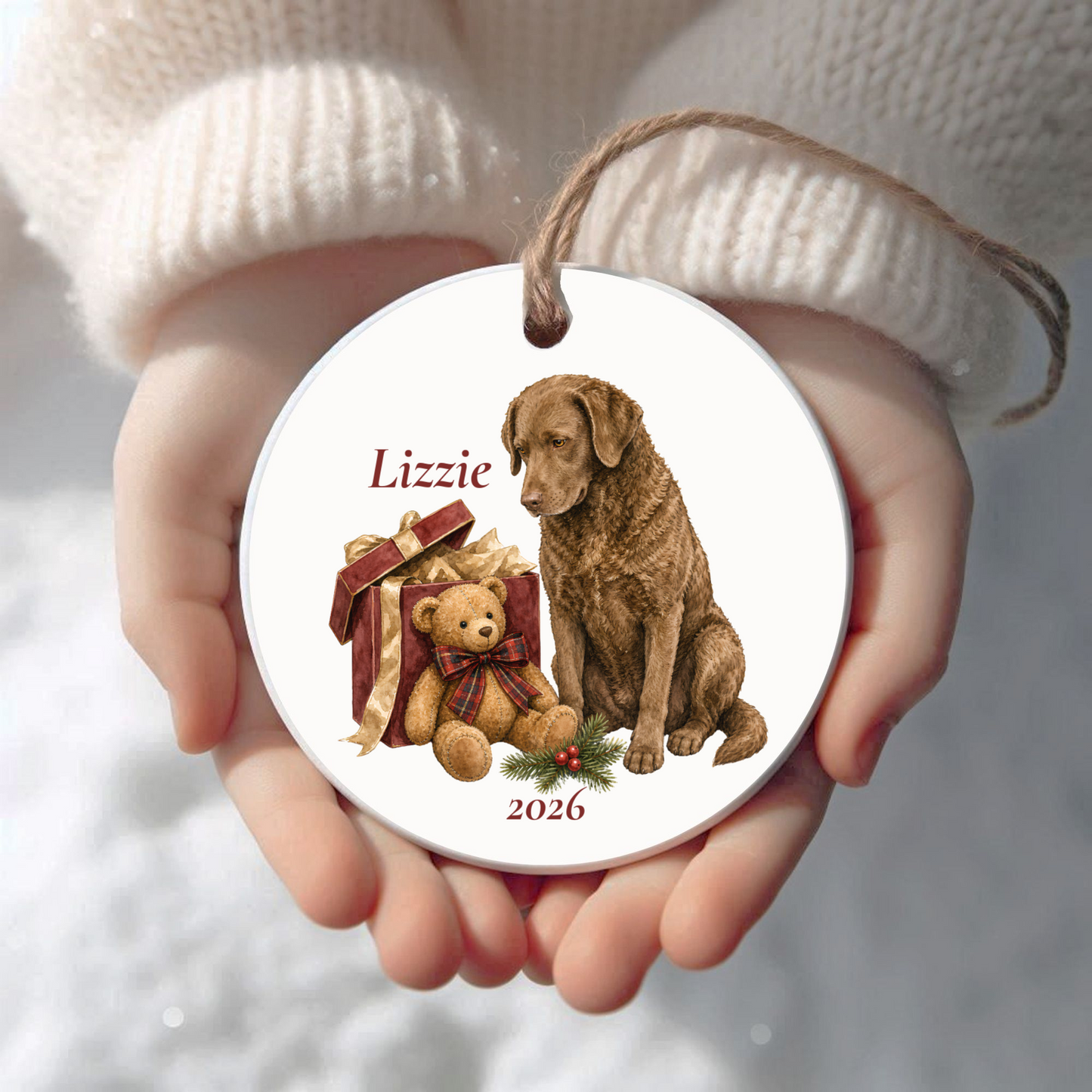 Personalized Chesapeake Bay Retriever Christmas ornament held in cupped hands