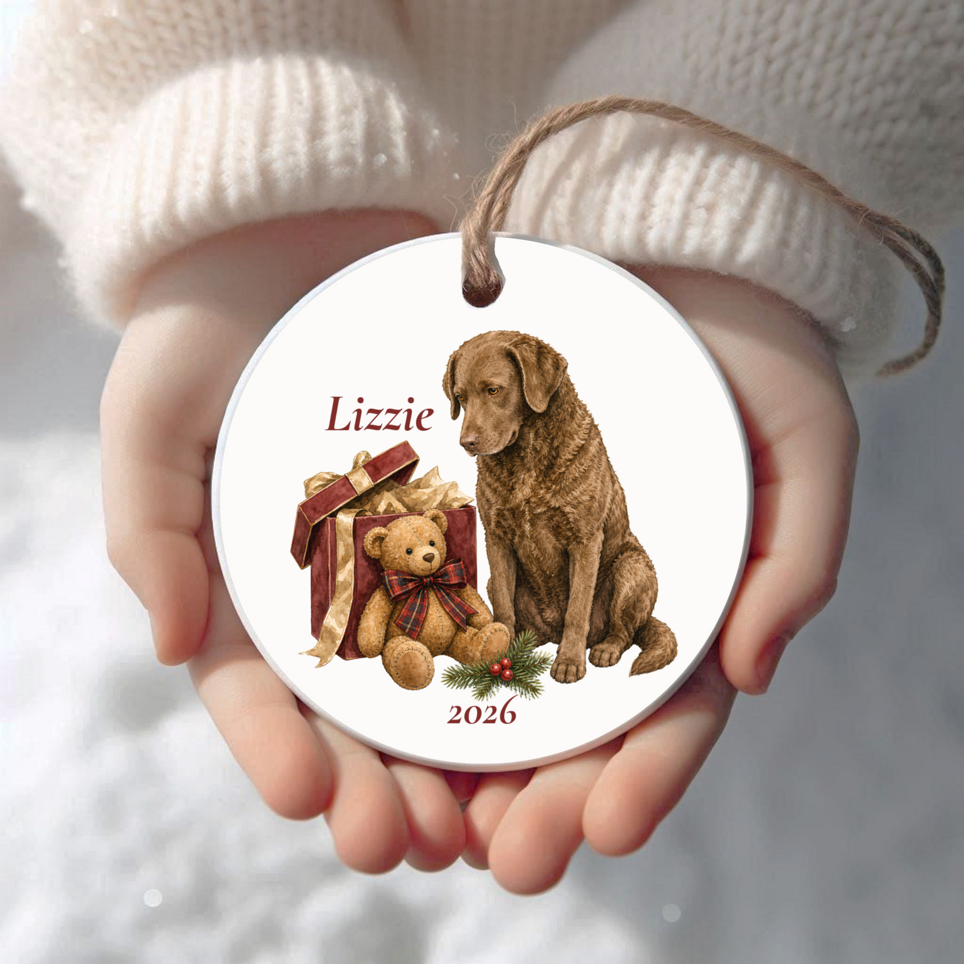 Personalized Chesapeake Bay Retriever Christmas ornament held in cupped hands