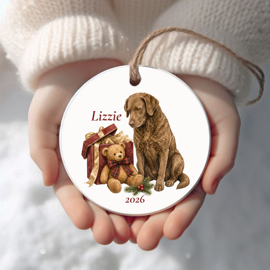 Personalized Chesapeake Bay Retriever Christmas ornament held in cupped hands