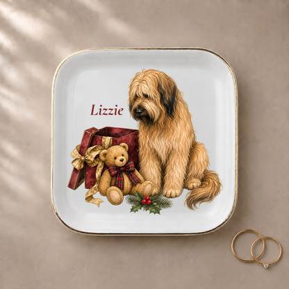 Briard jewelry dish styled with gold rings and a personalized name