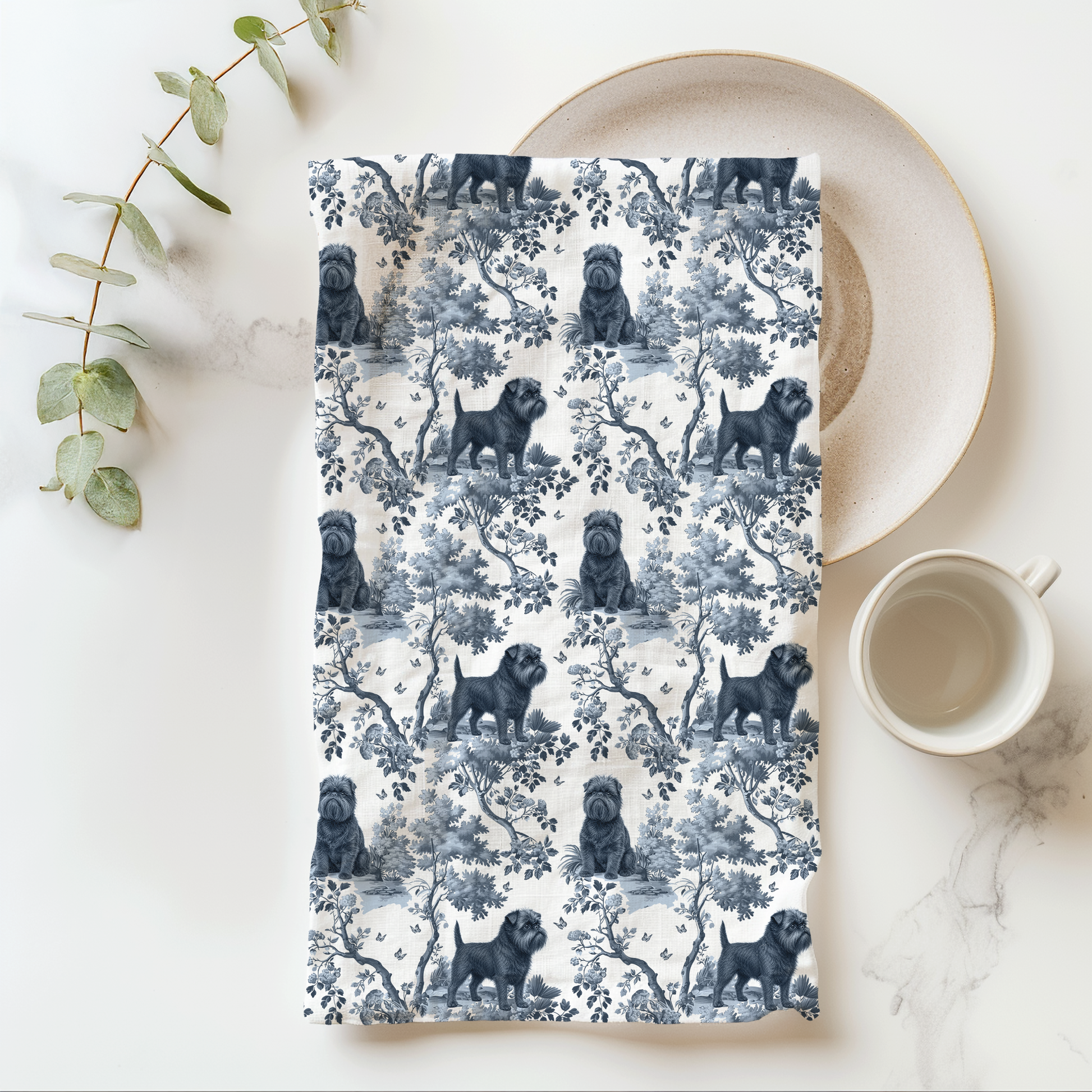 Affenpinscher blue toile cotton tea towel