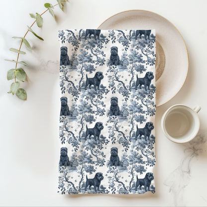 Affenpinscher blue toile cotton tea towel