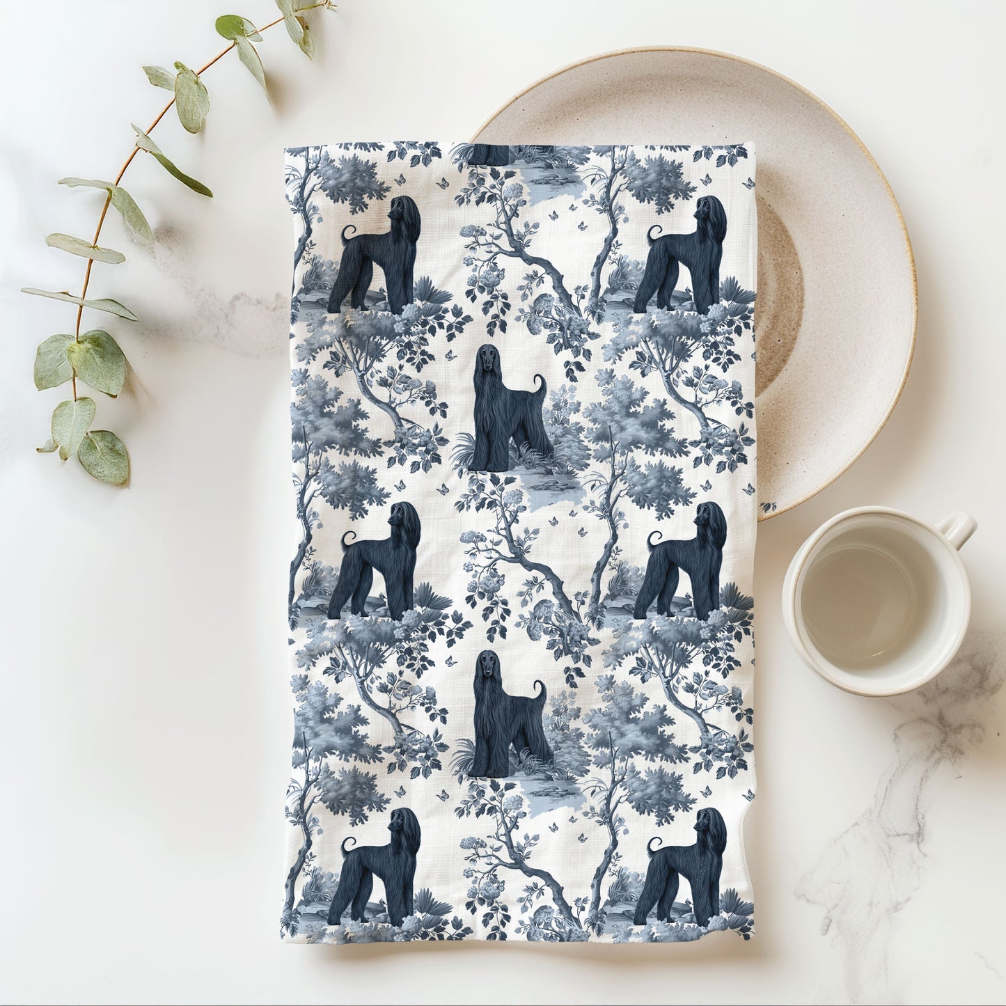 Afghan Hound Cotton Tea Towels - Blue Toile Pattern