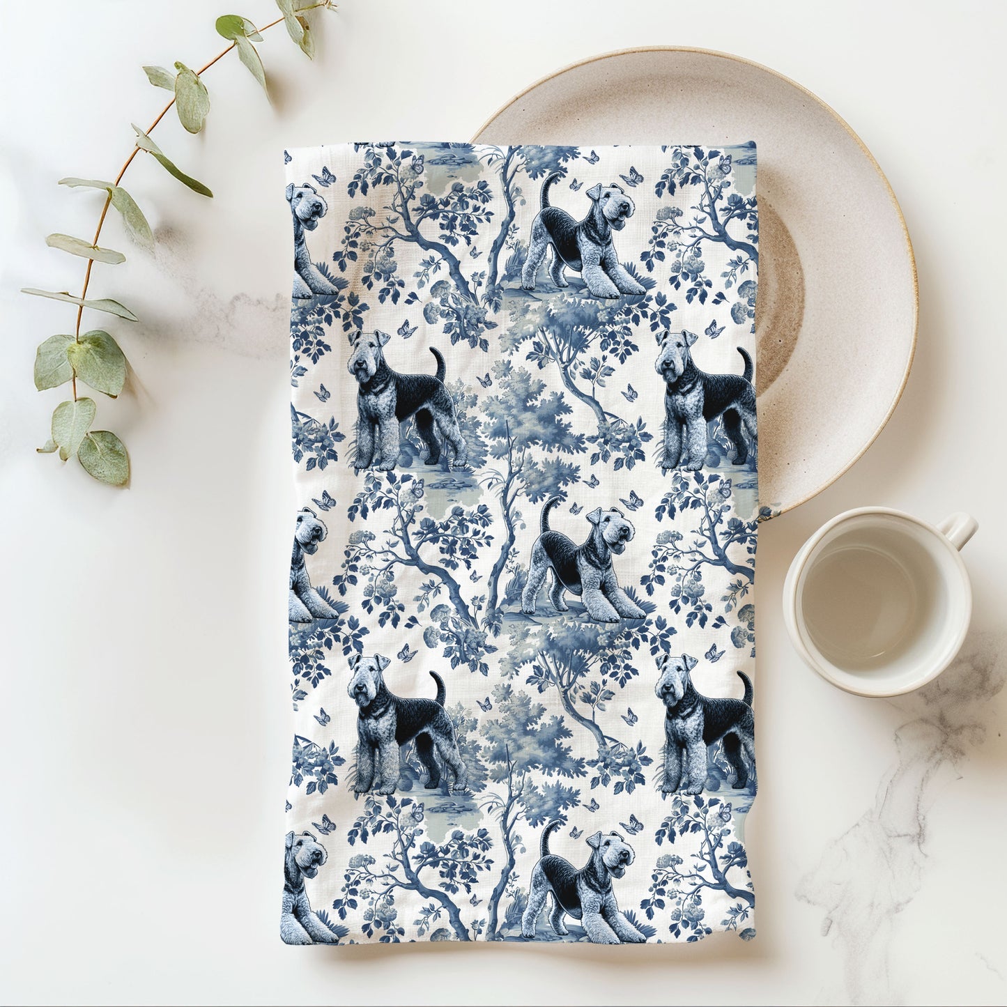 Airedale Terrier Cotton Tea Towels -Toile Pattern