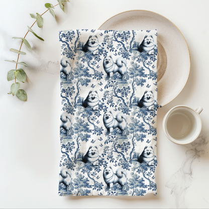 American Eskimo Dog blue toile cotton tea towel