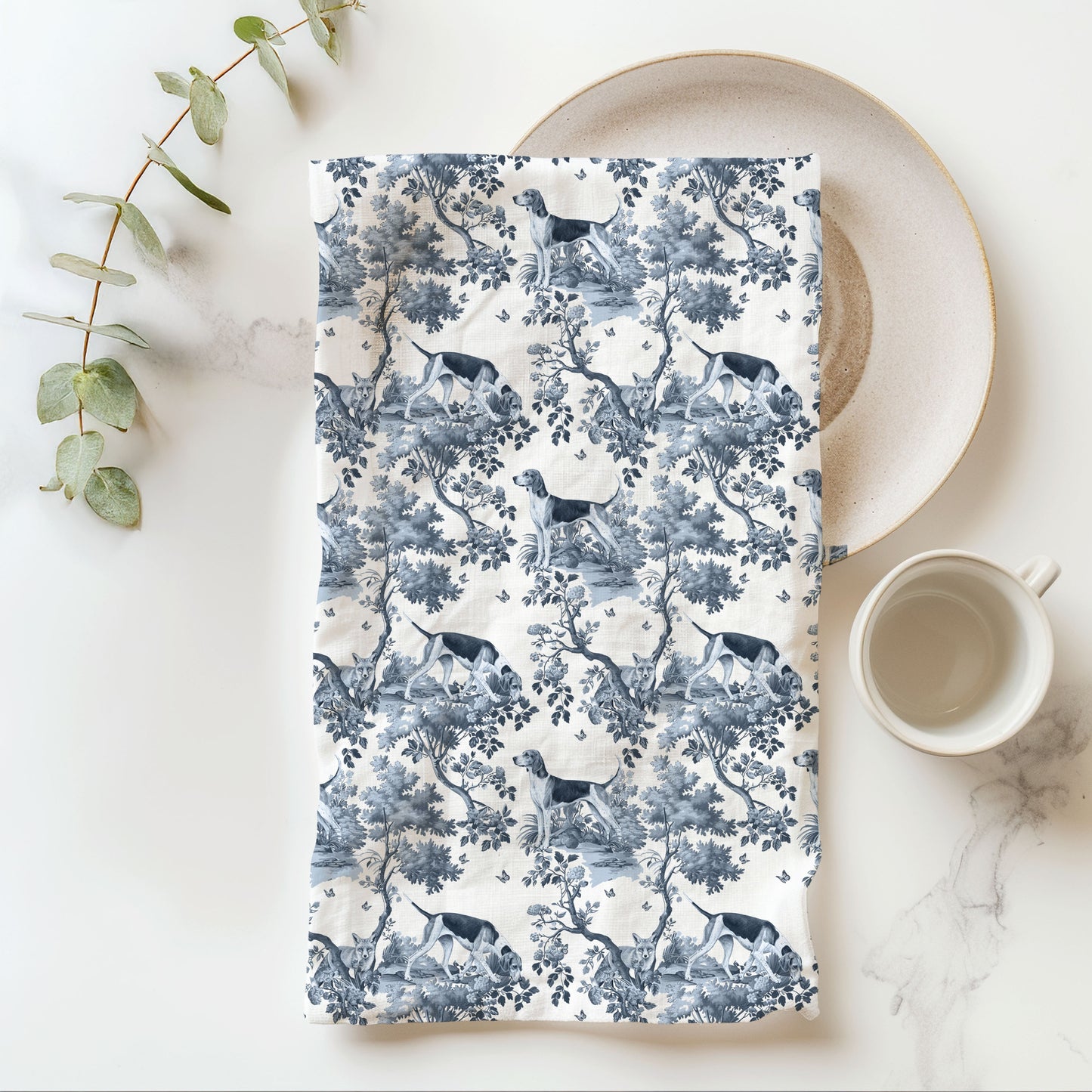 American Foxhound blue toile cotton tea towel