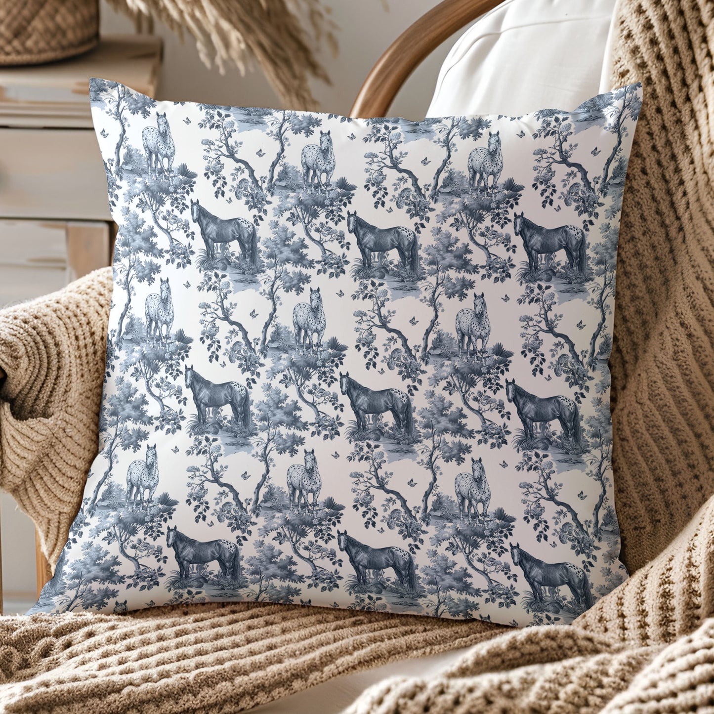 Appaloosa Horse Pillow Cover - Blue Toile Pattern