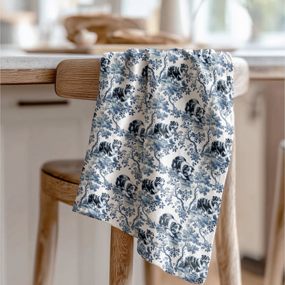 Australian Shepherd blue toile tea towel displayed in a kitchen
