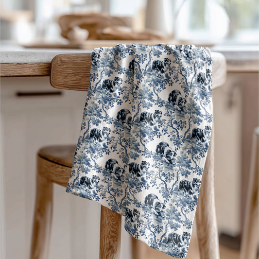 Australian Shepherd blue toile tea towel displayed in a kitchen