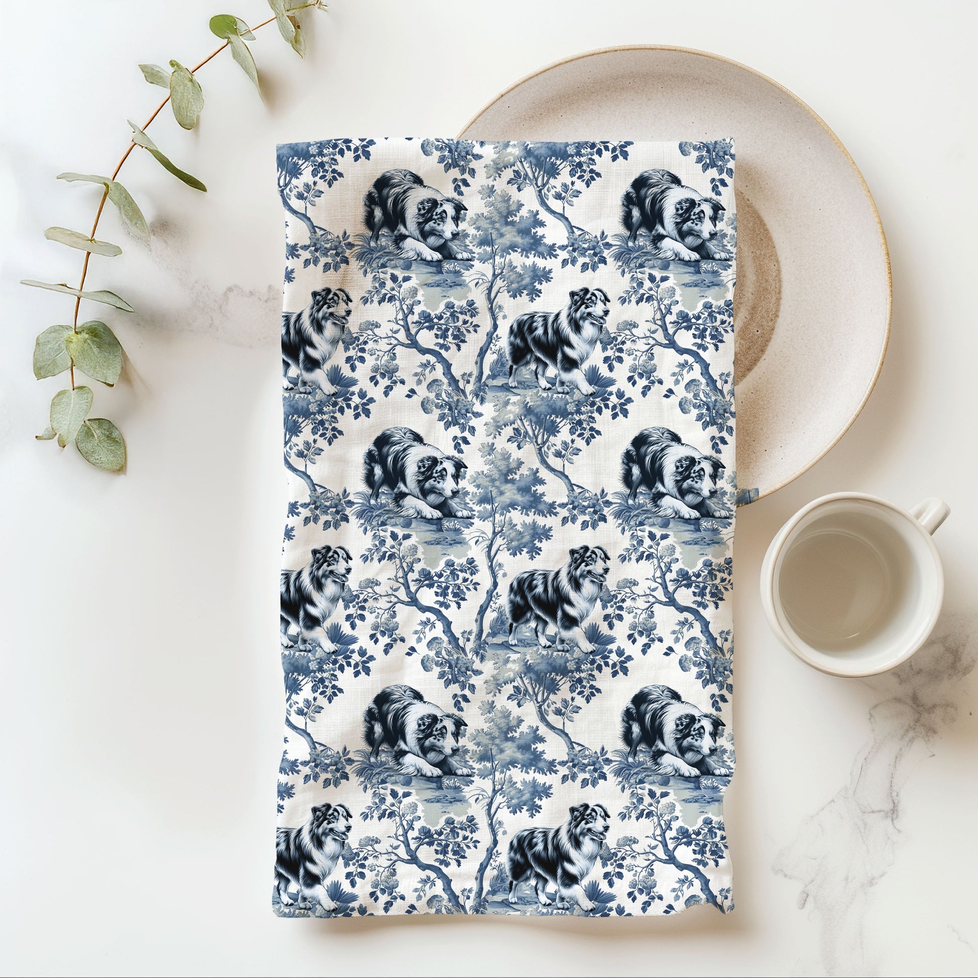 Australian Shepherd blue toile cotton tea towel