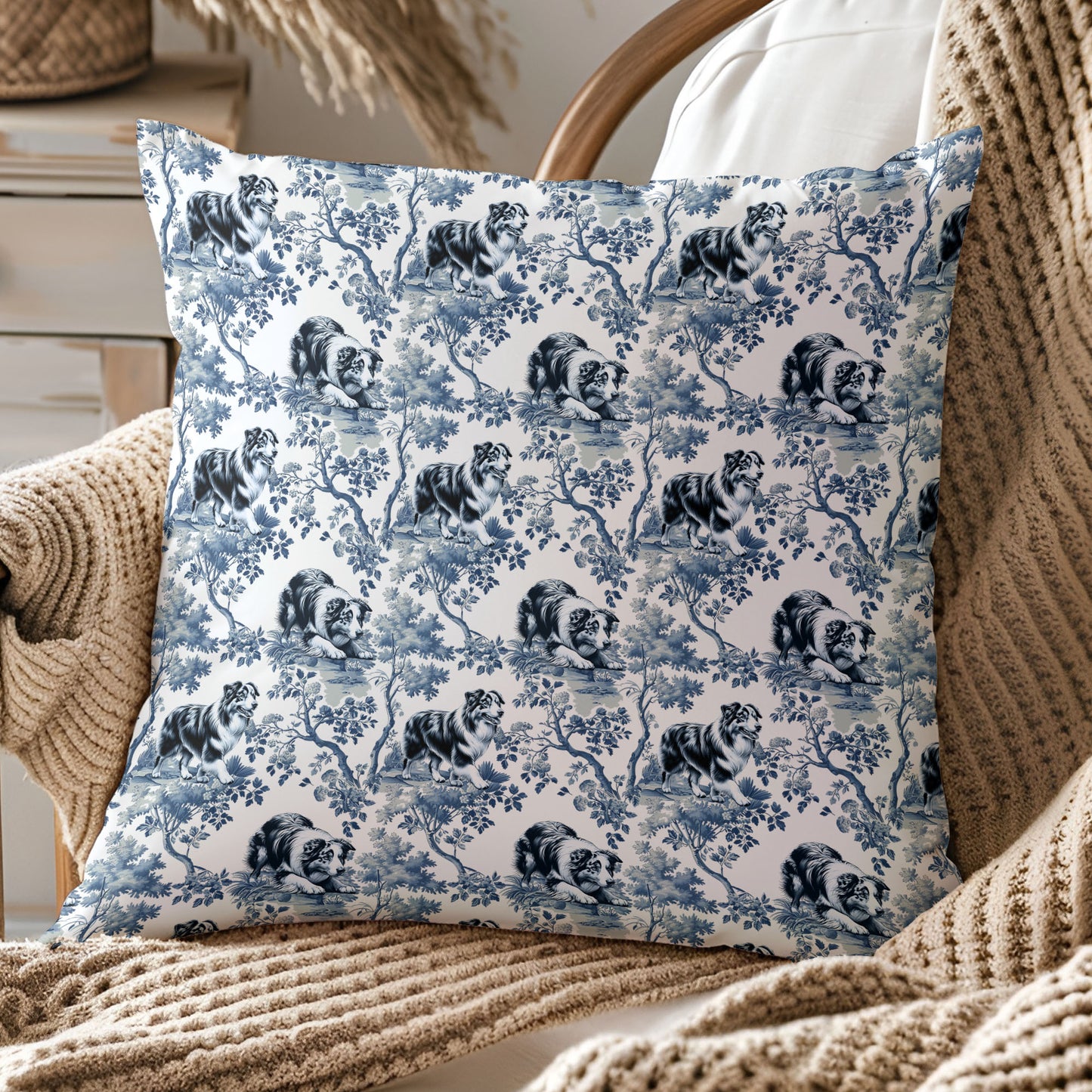 Australian Shepherd Pillow Cover - Blue Toile Pattern