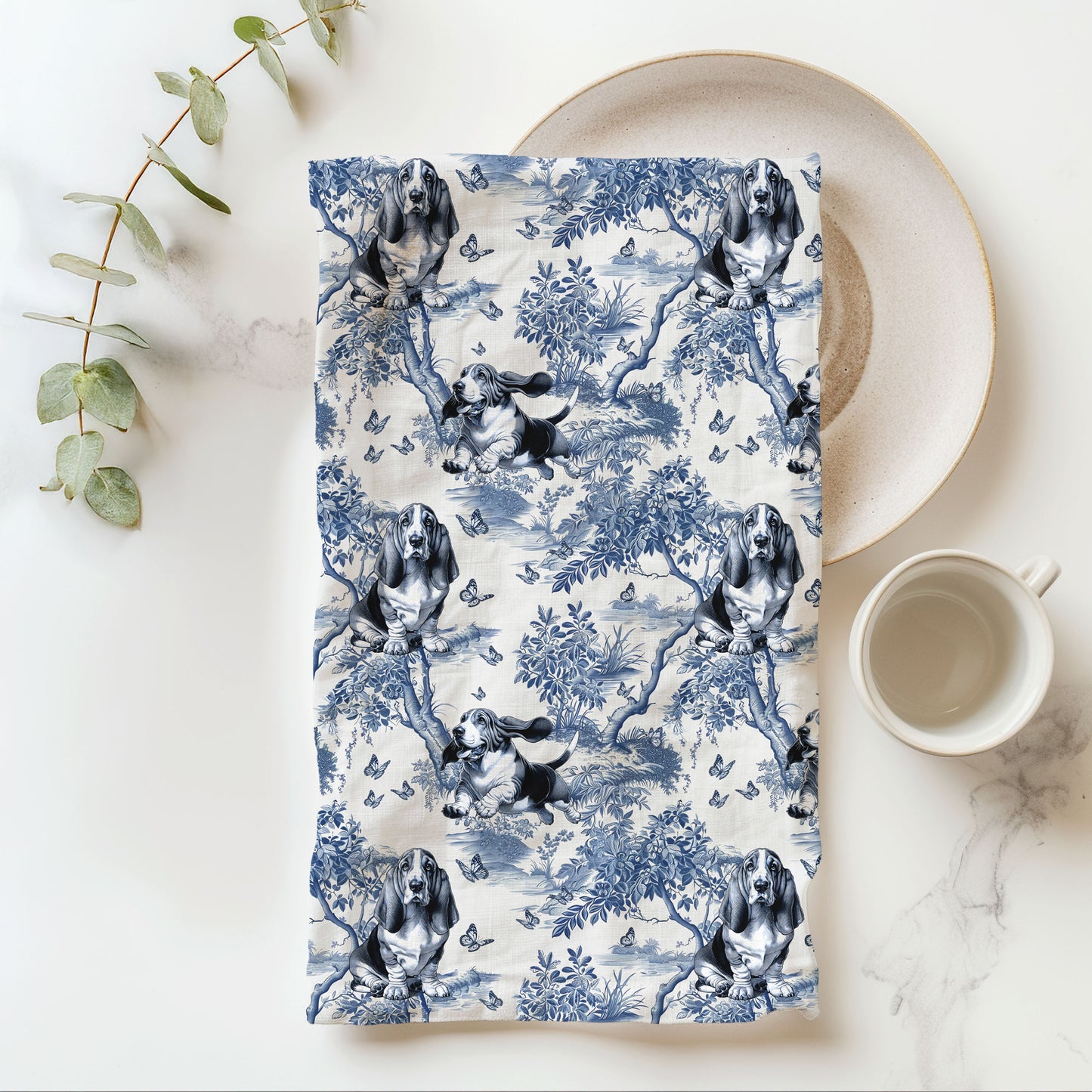Basset Hound Cotton Tea Towels -Toile Pattern