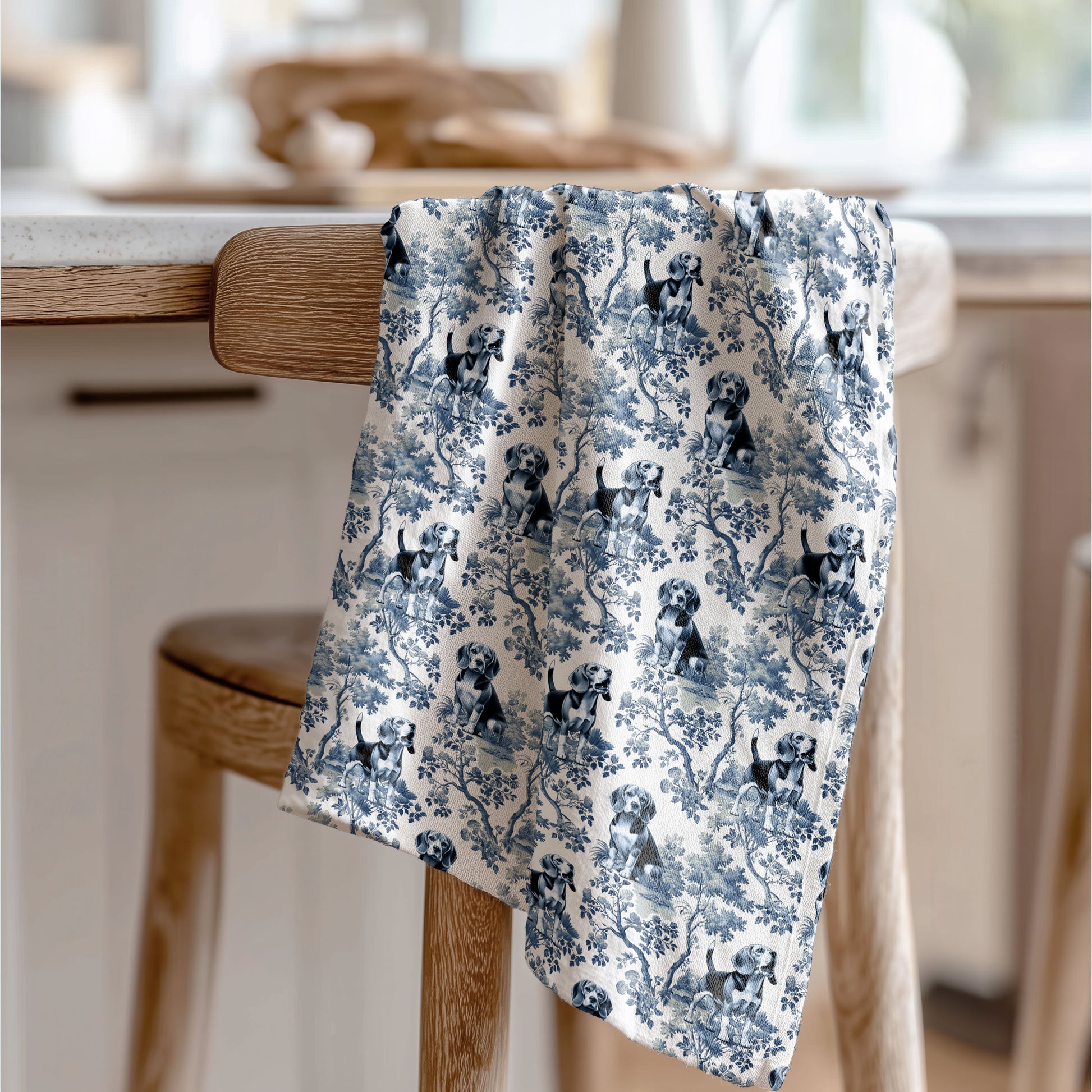 Beagle blue toile tea towel displayed in a kitchen