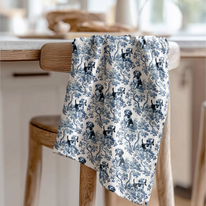 Beagle blue toile tea towel displayed in a kitchen