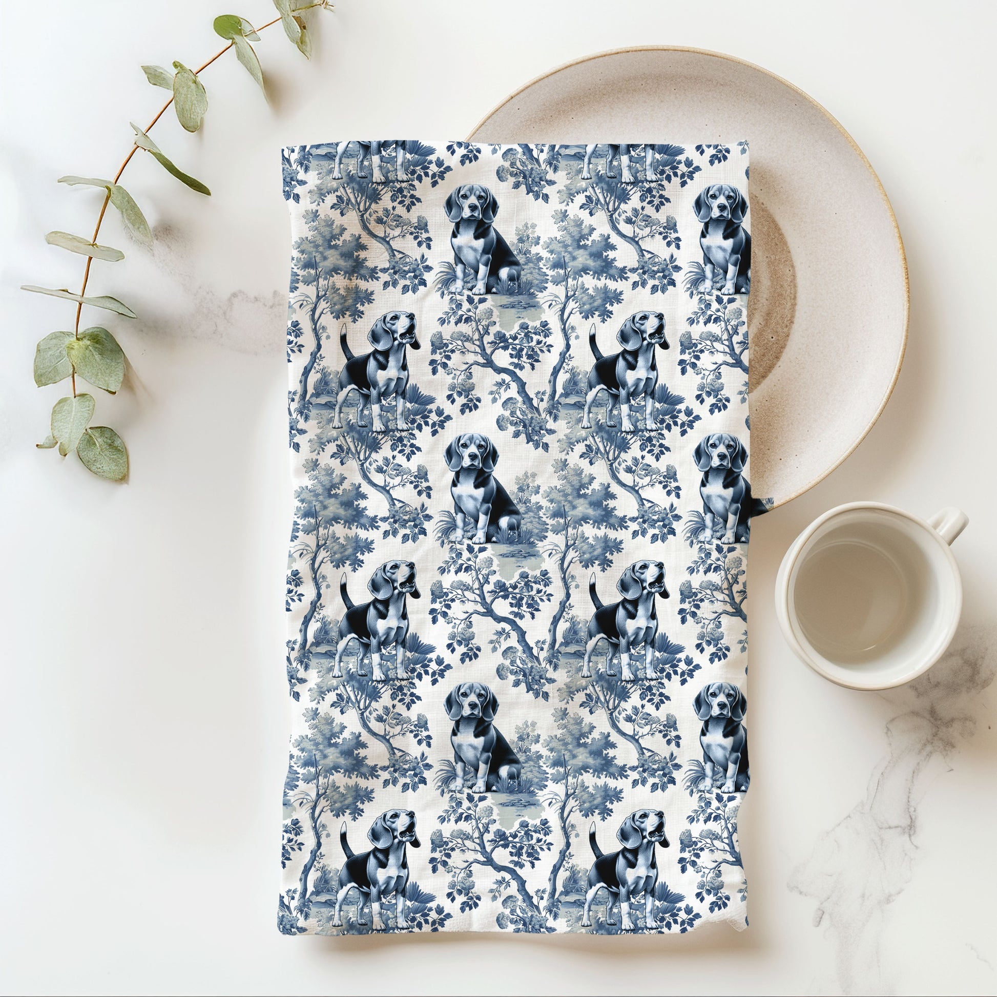 Beagle blue toile cotton tea towel