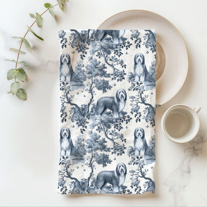 Bearded Collie Cotton Tea Towels - Toile Pattern