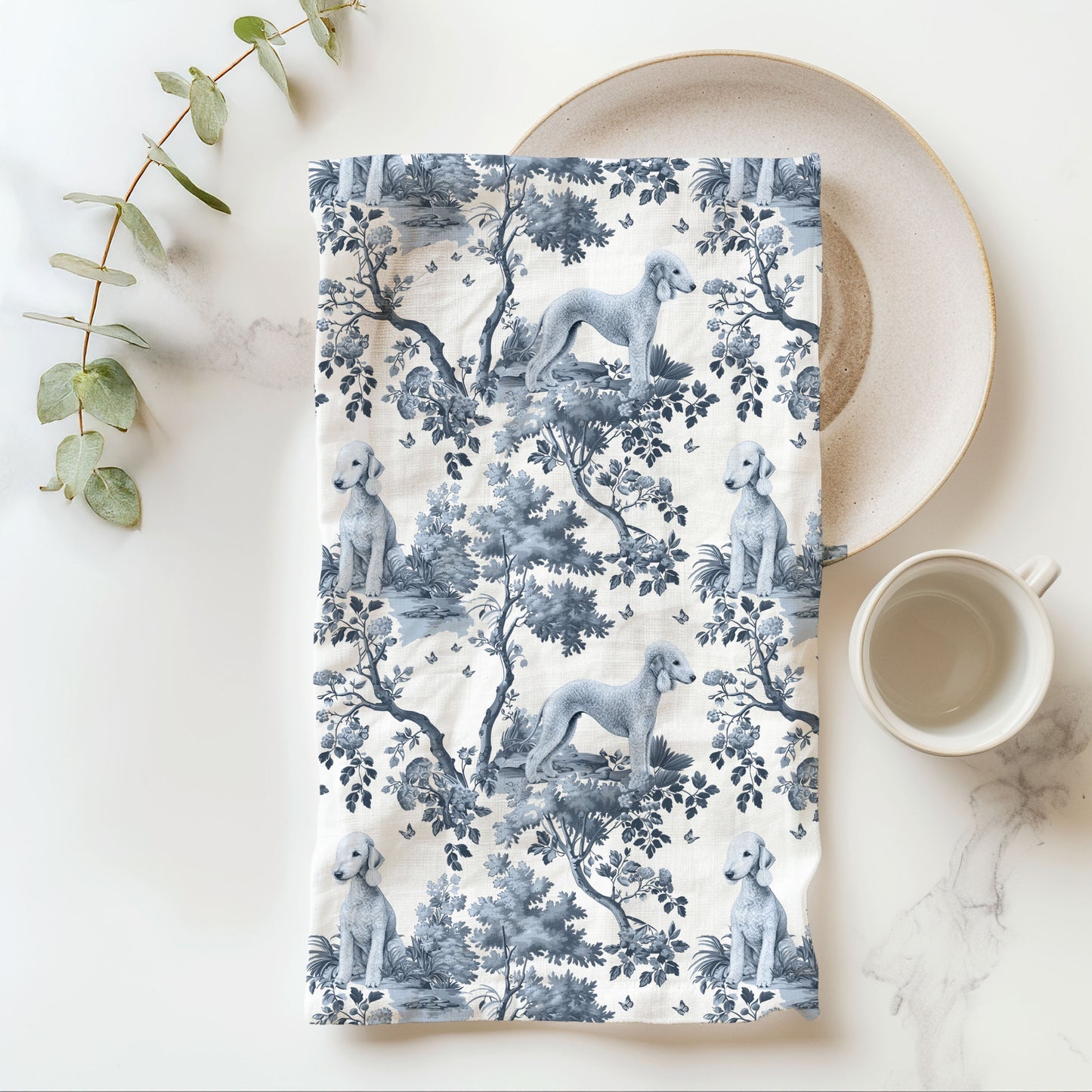 Bedlington Terrier Cotton Tea Towels - Toile Pattern