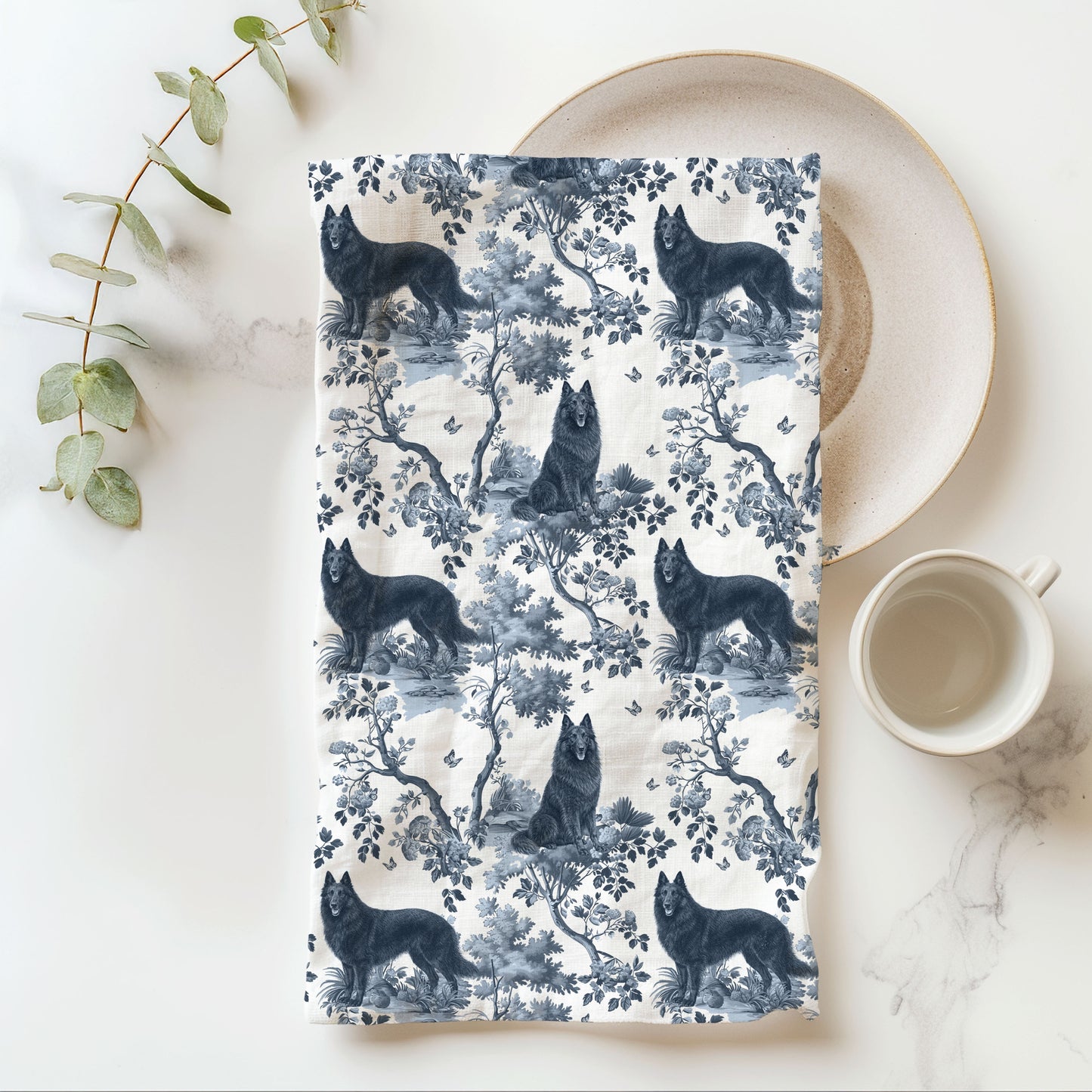 Belgian Sheepdog (Groenendael) Cotton Tea Towels - Toile Pattern