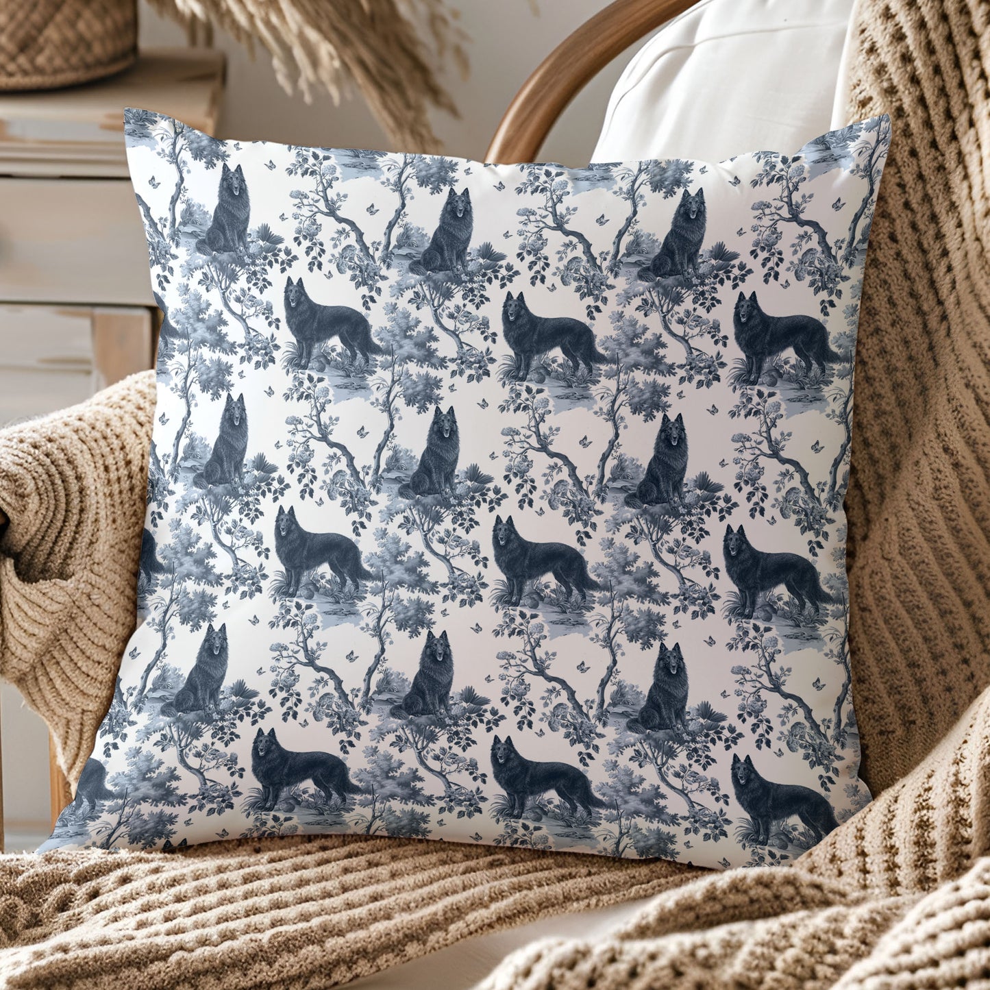 Belgian Sheepdog Pillow Cover - Blue Toile Pattern