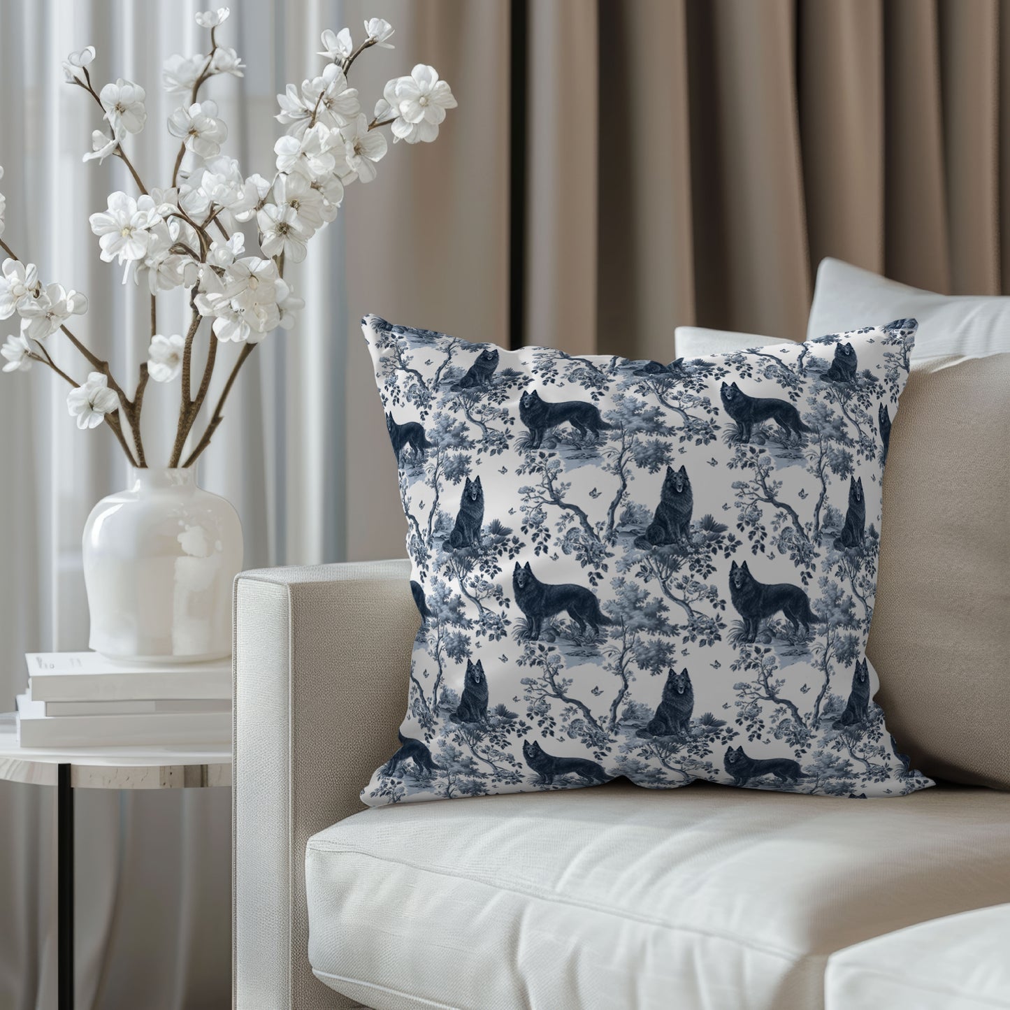 Belgian Sheepdog Pillow Cover - Blue Toile Pattern