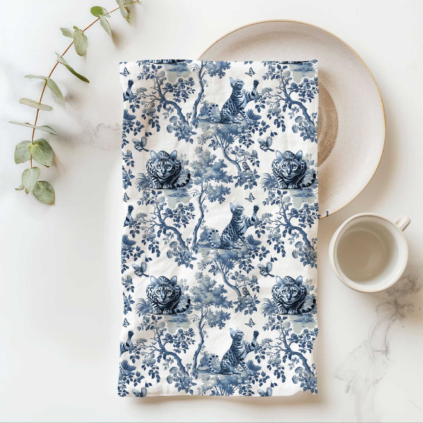 Bengal Cat Cotton Tea Towels - Toile Pattern