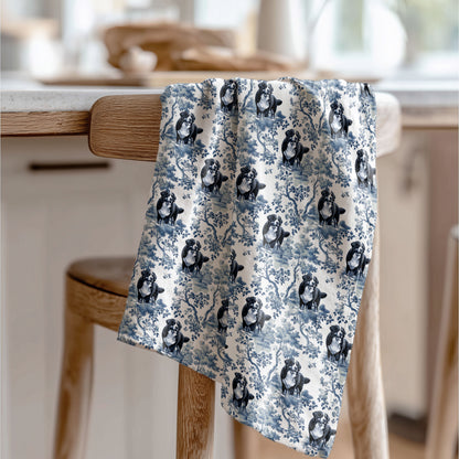 Bernese Mountain Dog blue toile tea towel displayed in a kitchen