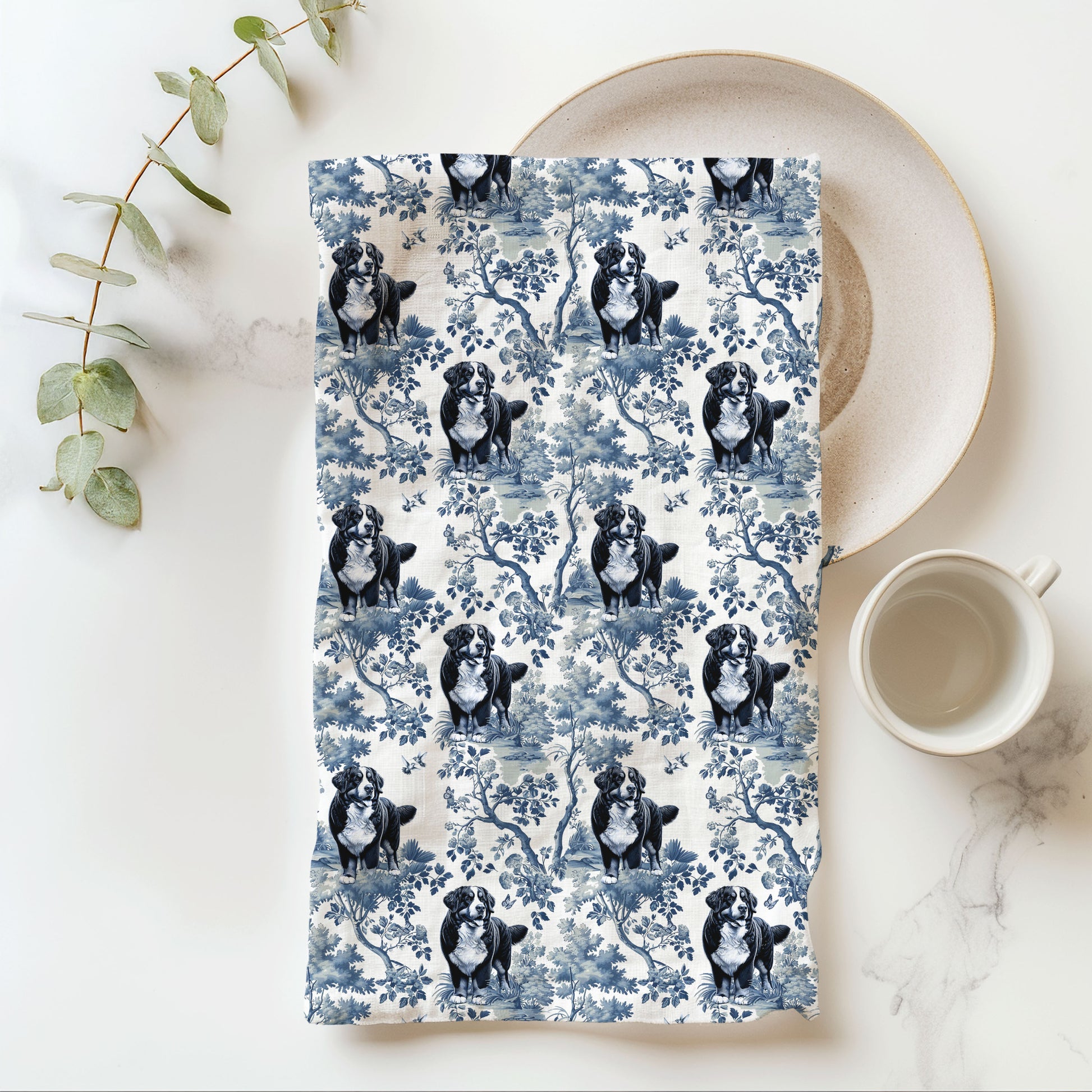 Bernese Mountain Dog blue toile cotton tea towel