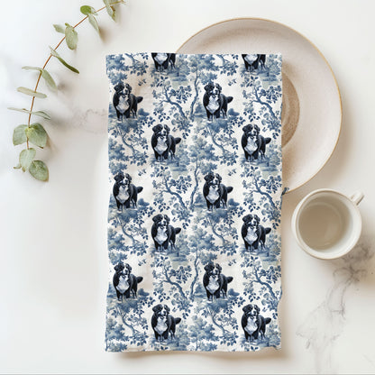 Bernese Mountain Dog blue toile cotton tea towel