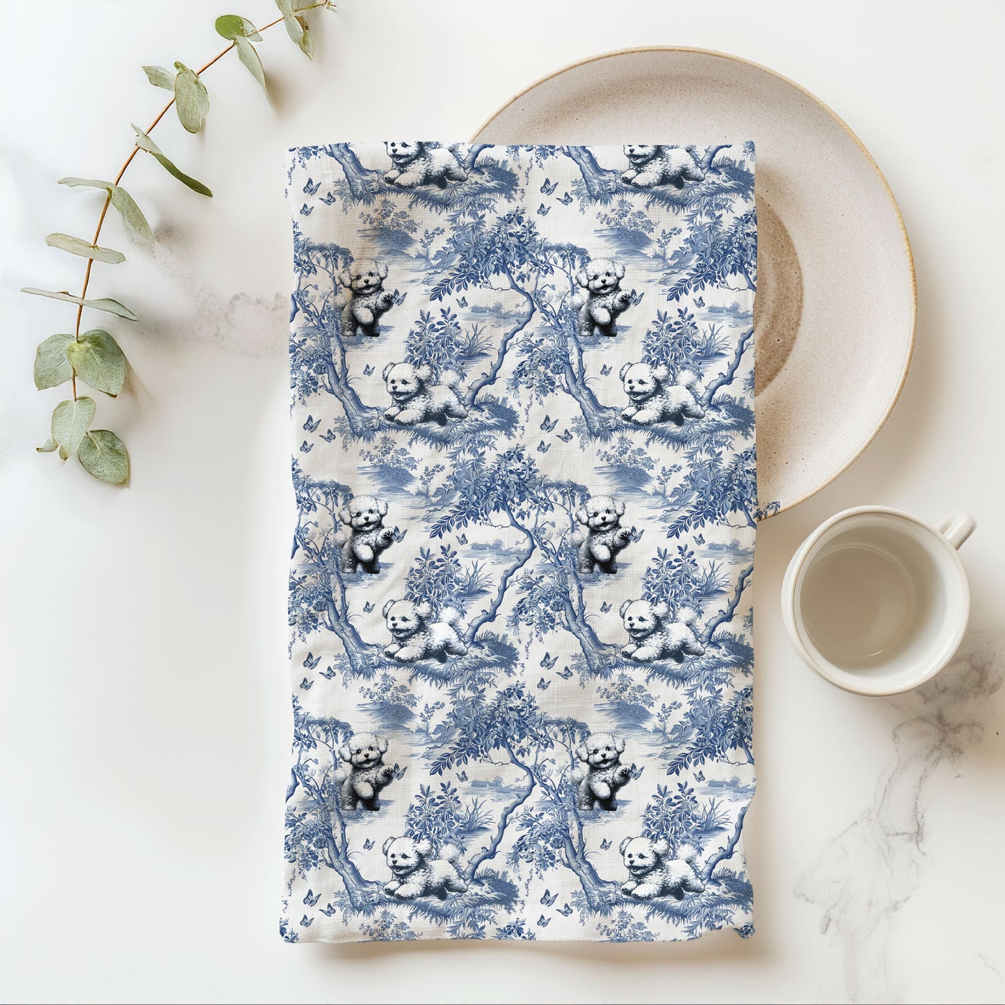 Bichon Frise blue toile cotton tea towel