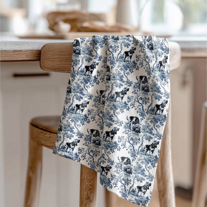 Bloodhound blue toile tea towel displayed in a kitchen